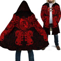 Viking Hooded Coat Dragon and Wolf Tattoo Red Mens Cloak, Coat Tree, Viking Dragon, Viking Clothing, Artist Custom, Hooded Cloak, Warm Coat, Hooded Coat, Sherpa Lined