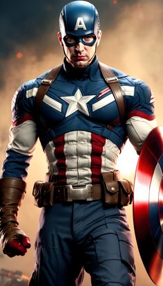 captain america is standing in front of the sky with his hands on his hips and looking at the camera