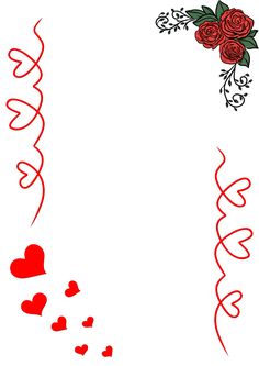 red roses and hearts on white background with space for your text or image to be added