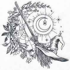 a drawing of a sun and moon surrounded by flowers