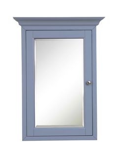 a blue medicine cabinet with a mirror on it