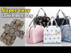 several different types of purses and bags with the words super easy lunch box bag