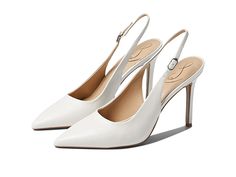 Sam Edelman Hazel Sling - Women's Shoes : White : Sam Edelman Hazel Sling Pumps come with a pointed-toe design that accentuates the casual look. Leather upper. Buckle strap with slingback closure. Pointed-toe design. Stiletto heels. Slip-on style. Signature brand detailing. Rubber outsole. Imported. Measurements: Heel Height: 4 in Weight: 8 oz Product measurements were taken using size 8.5, width M. Please note that measurements may vary by size. Weight of footwear is based on a single item, not White Wedding Pumps, White Sling Back Heels, Elegant Off White Almond Toe Heels, Elegant White Slingback Pumps With Pointed Toe, Elegant White Slingback Wedding Shoes, Feminine White Pointed Toe Slingback Pumps, White Closed Toe Heels, White Slingback Heels, White Pumps Heels