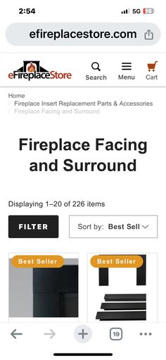 an app showing the price and features of fireplaces, stoves, and other appliances