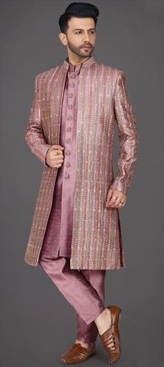 Pink and Majenta color Sherwani in Silk fabric with Embroidered, Sequence, Thread work Luxury Pink Sherwani For Transitional Season, Wedding Pink, Reception Wedding, Thread Work, Silk Fabric, Party Wear, Thread, Silk, Fabric