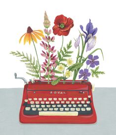 a painting of an old fashioned red typewriter with flowers on it's side