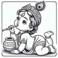 a baby sitting on the ground with a pot and a pipe in its mouth, holding a