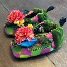 New Goody Goody Bon Bon Green/Pink Velvet And Silk Slippers, Size Child Xs. Slippers Measure 5.75” Long, 2.75” Wide. New, Never Worn, No Tags. Excellent Condition Playful Green Slippers With Round Toe, Silk Slippers, Bon Bon, Pink Velvet, Kids Shoes, Kids Shop, Slippers, Velvet, Silk