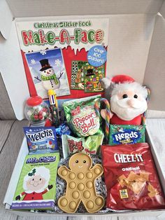 a box filled with christmas treats and toys