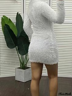 Olivia Mark - Fuzzy Solid Bodycon Dress, Elegant Mock Neck Long Sleeve Dress, Women's Clothing White Fitted Crew Neck Dress, White Fitted Mini Dress With Crew Neck, Autumn Streetwear, Bodycon Dress Casual, Bodycon Casual, Girl Sleeves, Neck Bodycon Dress, Mini Dresses For Women, Fashion Elegant