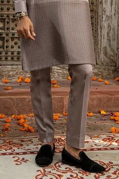 Grey straight kurta with a broad pintuck patterned panel on the hem. Paired with a pant. - Aza Fashions Traditional Fitted Bottoms For Work, Festive Traditional Workwear Bottoms, Fitted Formal Pants For Eid, Men Kurta, Straight Kurta, Kurta With Pants, Full Sleeves, Pin Tucks, Aza Fashion