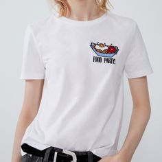 Who Doesn’t Love A Food Party? Fun Embroidery... Your Shirt Can Be The Conversation Starter White Graphic Print T-shirt For Brunch, White Crew Neck T-shirt For Brunch, White T-shirt With Embroidered Text For Summer, White Short Sleeve T-shirt For Brunch, Trendy White Embroidered T-shirt, Trendy White T-shirt For Brunch, Zara Short Sleeve Tops With Floral Embroidery, Zara Floral Embroidery Short Sleeve Tops, Zara Embroidered White Tops