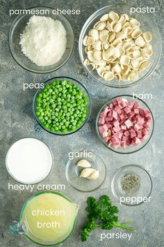 the ingredients to make this dish include peas, pasta, ham, and pea paste