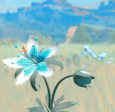 a painting of a blue flower in a field with mountains in the backgroud