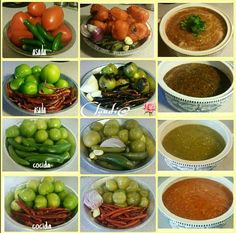 there are many pictures of different types of food in the bowls on the table together