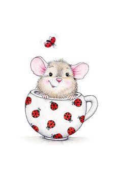 a drawing of a mouse in a cup with ladybugs on the side and one flying