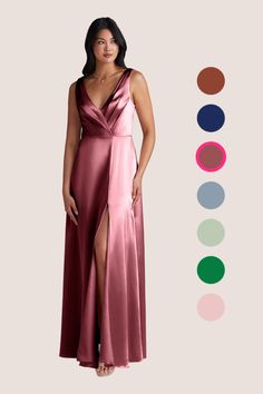 a woman in a long pink dress standing next to color swatches and the image shows an