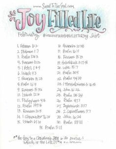 a white sheet with the words joy filled life written in pink and blue on it