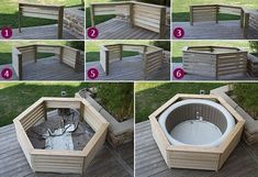 the steps to build an outdoor hot tub are shown in four different pictures, including instructions