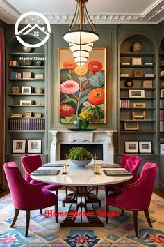 the dining room is decorated with colorful chairs and bookshelves, along with a fireplace