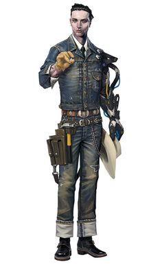 a drawing of a man in an overall and hat holding a wrench, tool belt, gloves and other items