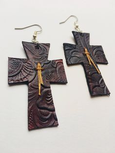 Leather cross earrings Cowgirl Earrings, Handmade Leather Jewelry, Earrings Cross, Leather Projects, Cross Earrings, Leather Cross, Cross Jewelry, Leather Earrings, Leather Jewelry