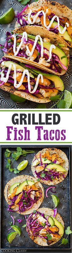 grilled fish tacos with avocado and red cabbage