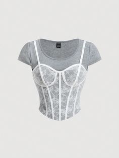 Black And White Lace Women's T-Shirt With Striped Fishbone,Bustier Bustier Top Fake Two Piece T-Shirt,Lace Floral Graphics Woman T Shirts,Summer Women Tops,Wedding T-Shirt,Summer T-Shirt,Old Money Style T-Shirt,Western Short Sleeve T-Shirt,Basic T-Shirt,Bridgerton T-Shirt Grey Casual  Cap Sleeve Knitted Fabric Colorblock,Plants,All Over Print,Textured Pattern  Medium Stretch  Women Clothing, size features are:Bust: ,Length: ,Sleeve Length: Fitted Lace Top T-shirt With Crew Neck, Fitted Lace Top T-shirt For Spring, Fitted Lace Top Tank For Summer, Fitted White Mesh Crop Top, Fitted Crew Neck Lace Top, White Lace Top With Built-in Bra For Summer, Fitted Lace Top Crew Neck T-shirt, Summer Lace Top With Built-in Bra, Fitted Mesh Crew Neck Top For Summer