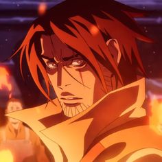 an anime character with red hair standing in front of flames and looking at the camera