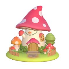 a small mushroom house with lots of mushrooms around it