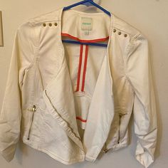 Never Worn White Jean Material Jacket White Spring Outerwear With Zipper Closure, White Moto Jacket, Jean Material, Denim Material, Jeans Material, White Jacket, Jean Jackets, Moto Jacket, Gold Accents