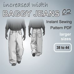 the baggy jeans sewing pattern is available for men and women in sizes 34 to 44