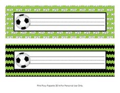 two green and black striped name tags with soccer balls on them, one has a soccer ball in the middle