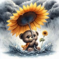 a painting of a teddy bear holding an umbrella in the rain with a sunflower