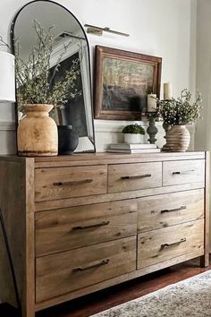 top of dresser decor Antique Dresser Decor Ideas, Shelf Over Dresser Bedroom, Modern Farmhouse Bedroom Dresser Decor, Dresser With Pictures Above, Bedroom Dresser Top Decor Ideas, Trendy Dressers, Top Of Dresser Decor Ideas, Dresser And Night Stand Ideas, Dresser Small Bedroom