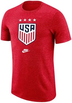 Support your USWNT in this Red Short Sleeve Fashion Tee! This Crest Fashion T Shirt features a lightweight material with a crew neckline and screen printed team graphics. Be ready to shout "One Nation, One Team" when you wear this USWNT Short Sleeve Fashion T Shirt in the stadium or on the street. Durable hand-feel with a smooth surface, Rich heather effect, Rib knit collar, Open sleeve hem, Screen print graphic, Unisex, Fit: True to Size, 50% COTTON/ 50% POLYESTER Red Crew Neck T-shirt With Flag Print, Red Graphic Print Jersey T-shirt, Red Cotton T-shirt With Flag Print, Red Nike Tops With Team Spirit, Gym Dress, Open Sleeve, Sleeve Fashion, Fashion T Shirt, Print Graphic