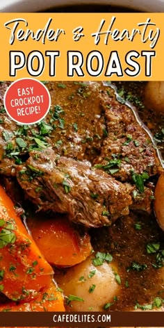 the cover of tender and hearty pot roast with carrots, potatoes and parsley