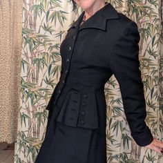 40s Wool "Jaunty Juniors" Princess Coat ~ Size Xs-S Up For Grabs Is This Lovely Black, Wool Princess Coat, With A Full, Generous Skirt, Elegant Details, And In Truly Beautiful Condition. Cuffed Sleeve, Pockets In Side Seams. No Flaws To Note, Though I Did Replace A Button (At Top, But! I Have The Original And Will Either Include It With The Coat, Or Sew It Back On, Free Of Charge. Photos Don't Do Her Justice - Really A Gorgeous Piece! Measurements: Waist Up To 27" (Best Fit Around 26") Bust Up T Classic Black Costume Outerwear, Fitted Classic Blazer For Costume, Classic Fitted Blazer For Costume, Fitted Vintage Black Outerwear For Fall, Vintage Fitted Outerwear For Costume, Vintage Black Outerwear With Horn Royal Buttons, Vintage Tailored Costume Outerwear, Tailored Vintage Outerwear For Costumes, Vintage Tailored Outerwear For Costume