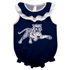 Jackson State University Tigers Blue Sleeveless Ruffle One Piece Jumpsuit Logo Bodysuit by Vive La Fete Sleeveless Blue Bubble Romper For Playwear, White Sleeveless Onesie With Ruffles, Summer Sleeveless Onesie With Ruffles, Sleeveless Spring Onesie With Ruffles, Spring Sleeveless Onesie With Ruffles, Sleeveless Ruffled Bubble Romper For Playwear, Navy Sleeveless Bodysuit For Summer, Blue Sleeveless Bodysuit For Playwear, Sleeveless Blue Bodysuit For Playwear