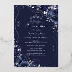 a wedding card with blue flowers on it