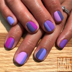 Color Block Manicure, Colorblock Nail Art, Color Block Nails Simple, Purple Stripe Nails, Nail Swatches, Colorblock Nails, Color Block Nails Designs, Geometric Nail Designs, Two Toned Nails