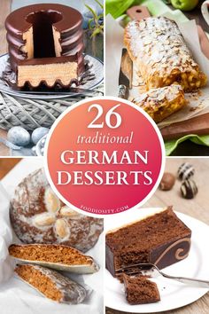 there are many different desserts on the table with text overlay that reads, traditional german desserts