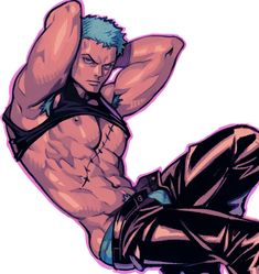 an image of a man with blue hair and no shirt sitting on his knees in the air