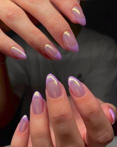 Purple French Tips Chrome, Purple Tangled Nails, Purple Irradecent Nails, Purple And Gold Chrome Nails, Purple French Tip With Chrome, Light Purple Iridescent Nails, Homecoming Nails Purple, Purple Engagement Nails, Nails To Match Purple Dress