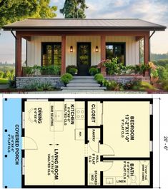 the floor plan for a small house with an attached porch and covered porch, is shown