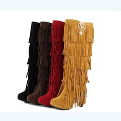 High Quality Multi-Layered Tassels High Heels High Boots on Luulla Knee High Boots Winter, Boots High Heels, Tassel Shoes, Faux Suede Boots, Hip Clothes, Brown Fall, Heels High, Boots High, Spike Heels