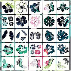 a collage of tropical flowers and leaves in shades of blue, pink, green