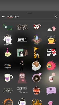 an iphone screen with various stickers on it, including coffee cups and other items