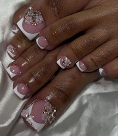 French Tip Pedicure With Design, Pedicure With Gems, Iconic Nails, Toenail Ideas, Slay Nails, French Toe Nails, Sarah King, Nail Tek, Pedicure Designs Toenails