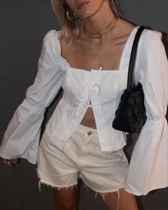 @chloeleiiigh throws on the Vayne bag for a touch of classic elegance to take her from day to night. 💫#daytonight #outfitinspo #summerstyle Longsleeves Outfit, White Tops Outfit, Evening Clutches, Casual Work Outfit, Tie Front Blouse, Crop Top Outfits, Outfit Goals, Casual Dinner Outfit, White Outfits